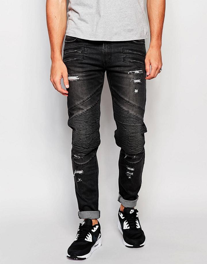 Black Kaviar Skinny Biker Jeans - Black