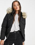 Topshop Padded Coat With Faux Fur Hood In Black