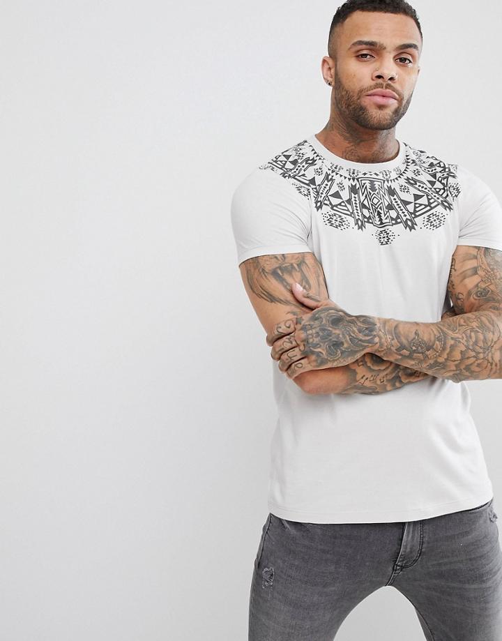 Asos Longline T-shirt With Geo-tribal Yoke Print - Gray