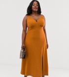 Asos Design Curve Seamed Slub Maxi Dress With Button Detail - Orange