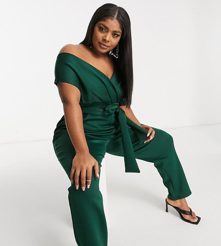 Asos Design Curve Fallen Shoulder Scuba Jumpsuit In Forest Green