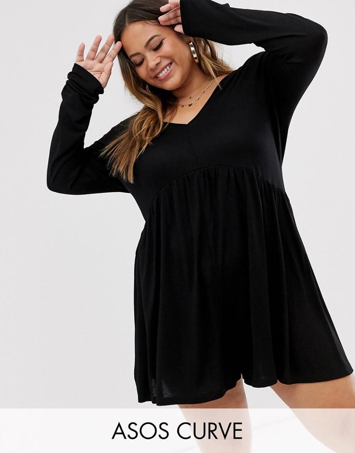 Asos Design Curve Curved Smock Romper With Long Sleeves-black