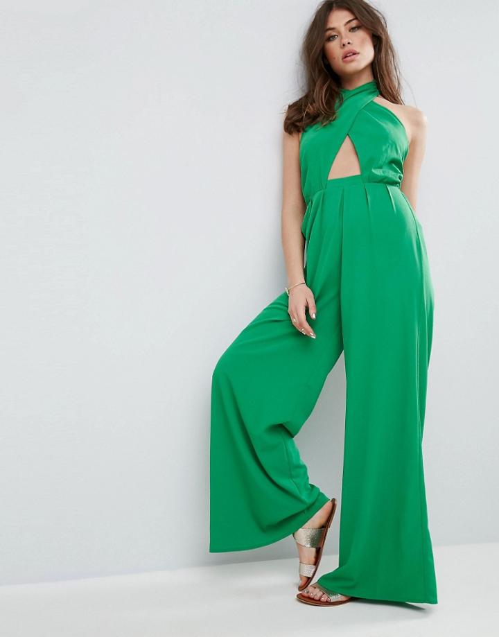Asos Jumpsuit With Cross Front And Super Wide Leg - Yellow