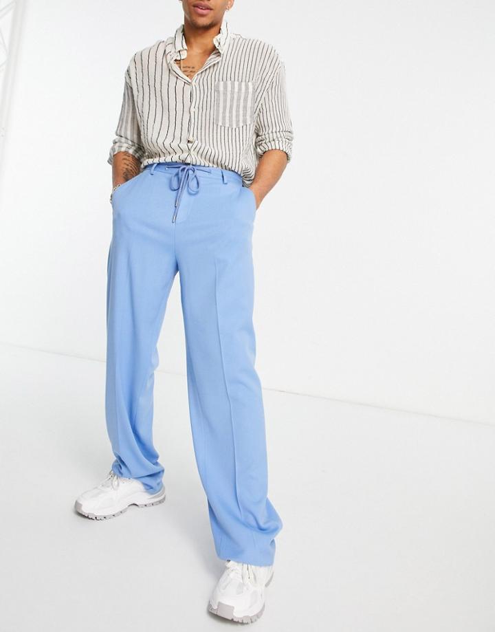 Asos Design Wide Smart Pants With Drawcord Waist In Blue-blues
