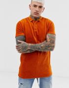 Asos Design Longline Polo Shirt In Ribbed Velour In Rust - Orange