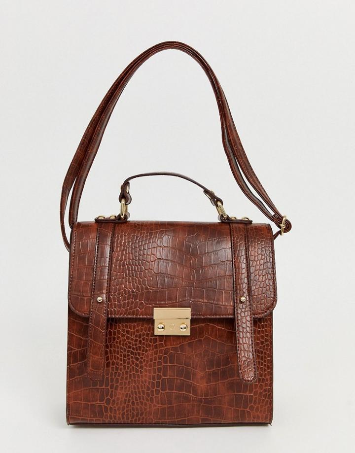 Asos Design Push Lock Satchel In Croc-brown