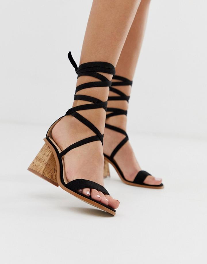 Public Desire Vogue Black Ankle Tie Cork Heeled Sandals - Black