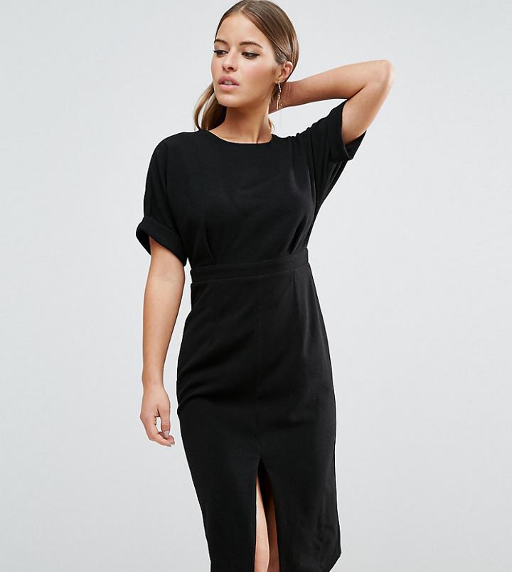Asos Petite Smart Woven Midi Dress With V Back And Split Front - Black