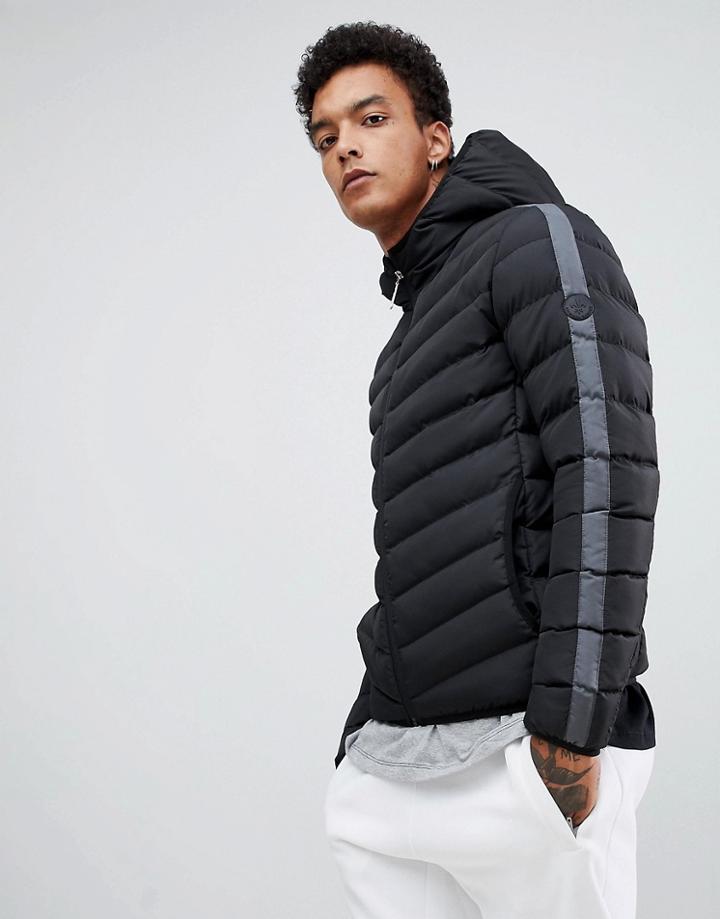 Criminal Damage Puffer Jacket In Black With Side Stripe - Black