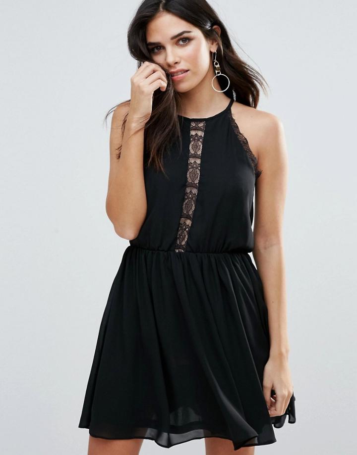 Zibi London Racer Neck Dress With Lace Insert - Black