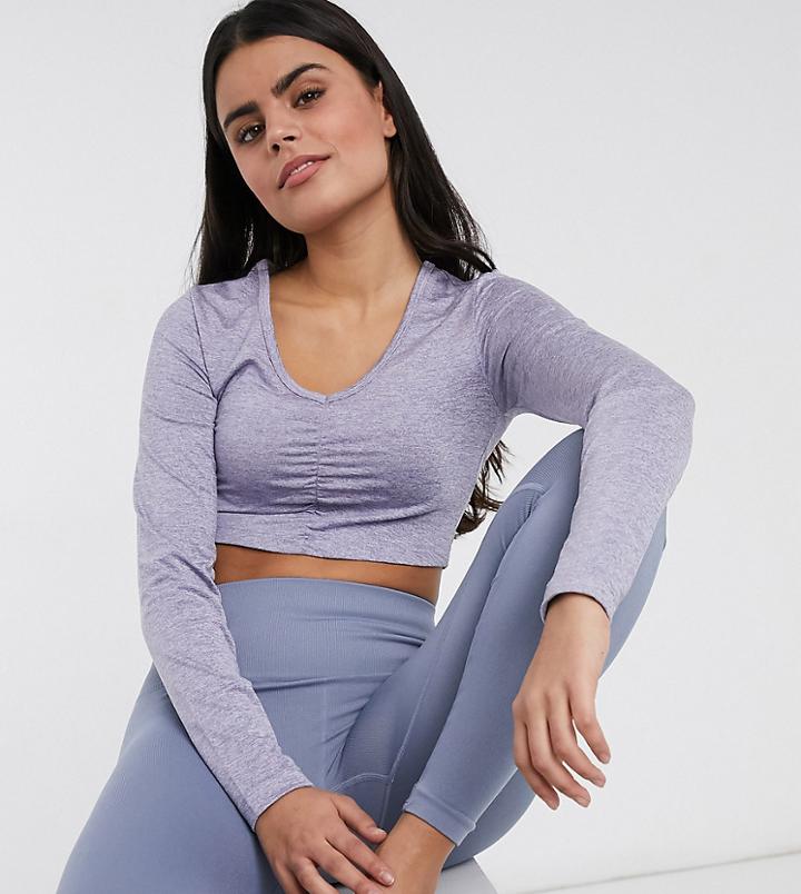 Asos 4505 Petite Yoga Ruche Front Long Sleeve Top-blues