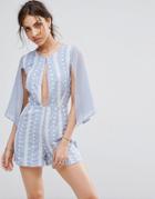 Boohoo Embroidered Split Sleeve Keyhole Front Romper - Blue