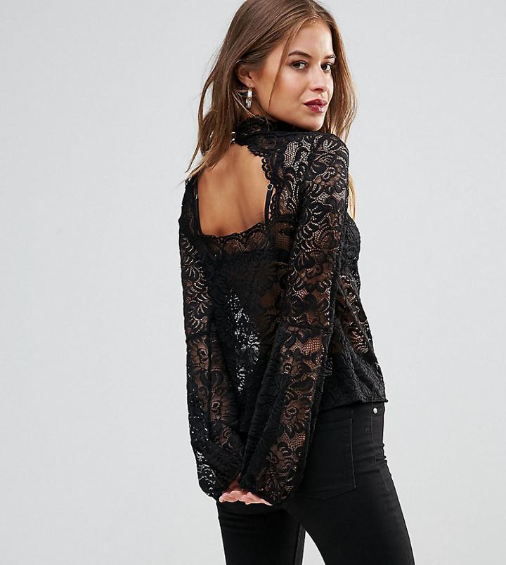 John Zack Petite Cutwork Lace Top With Blouson Sleeve - Black