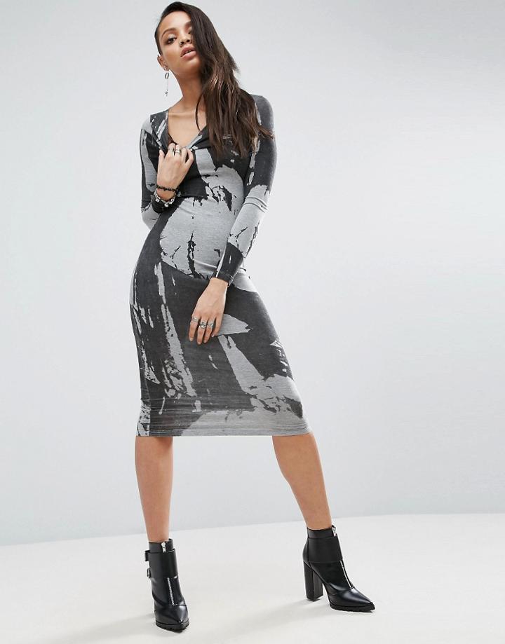 Religion Print Midi Bodycon Dress - Gray