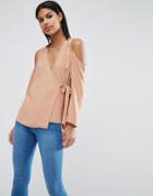 Asos Wrap Blouse With Cold Shoulder - Tan