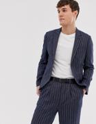 Asos Design Skinny Cropped Suit Jacket In Linen Stripe - Blue