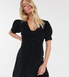 Asos Design Maternity Cord Plunge Neck Puff Sleeve Mini Dress In Black