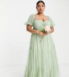 Lace & Beads Plus Bridesmaid Charlotte Puff Sleeve Tulle Dress In Sage Green