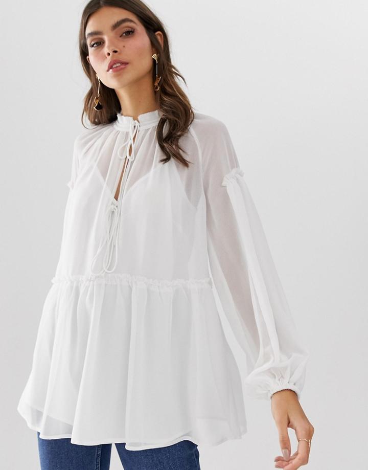 Asos Design Sheer Smock Top With Tie Front-cream
