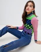 Asos Design Mixed Checkerboard Sweater With Tipping-multi