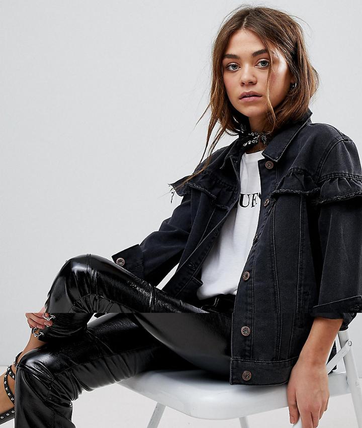 Only Ruffle Detail Denim Jacket - Black
