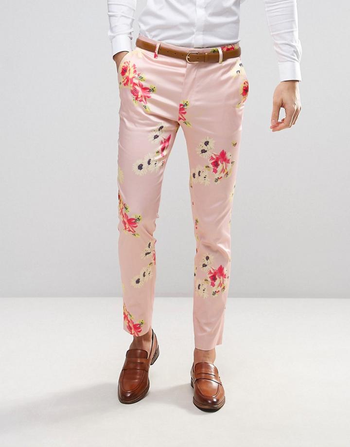 Asos Wedding Skinny Smart Pants In Pink Floral Print - Pink