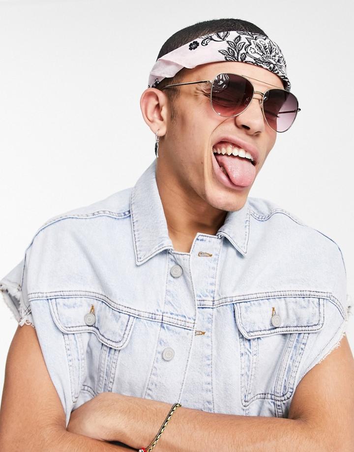 Asos Design 70s Aviator Sunglasses In Gold With Purple Lens
