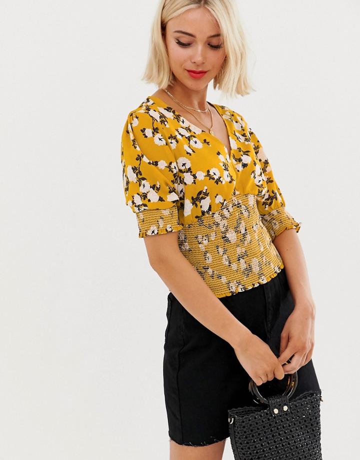 Brave Soul Shirred Detail Top In Floral Print - Yellow
