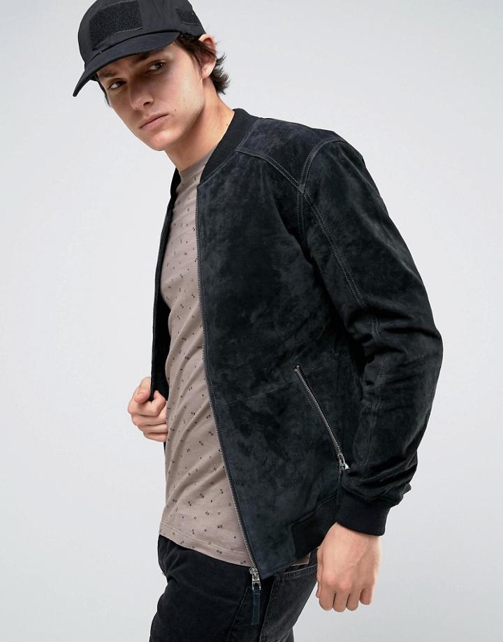 Esprit Suede Bomber Jacket In Black - Black