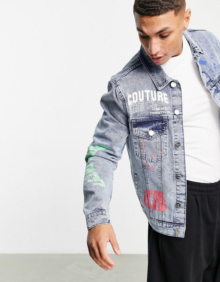The Couture Club Neon Grafitti Denim Jacket In Blue-blues