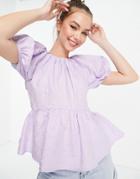 Asos Design Textured Jacquard Peplum Top With Open Back In Lilac-purple