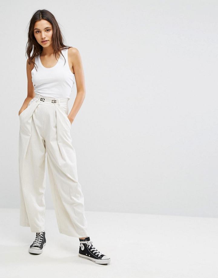 Pull & Bear Wide Leg Striped Pant - White