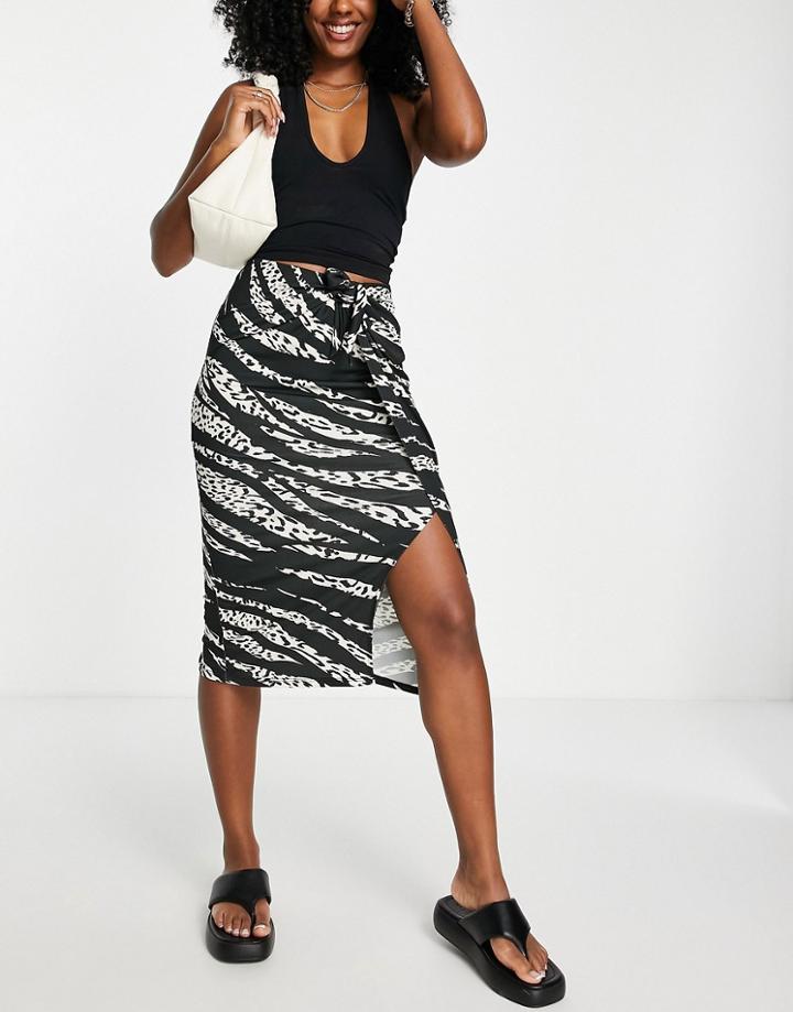 River Island Animal Knot Front Midi Skirt In Black-yellow