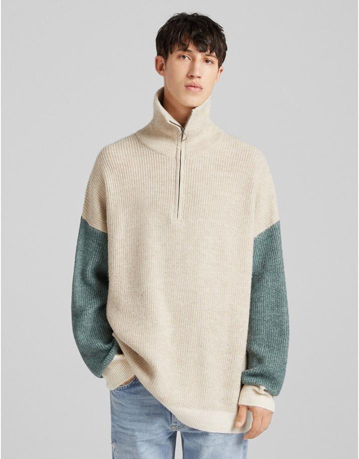 Bershka Half Zip Knitted Sweater In Beige-neutral
