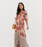 Hope & Ivy Maternity Wrap Front Maxi Dress With Frill Sleeve In Contrast Floral Print-multi