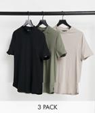 Asos Design 3 Pack Longline T-shirt With Side Splits-multi