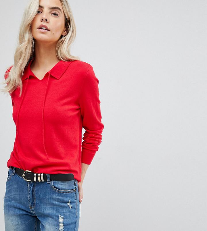 Vero Moda Petite Knitted Top With Collar Detail - Red