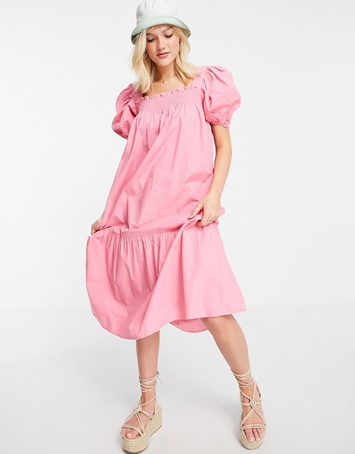 Influence Puff Sleeve Cotton Poplin Midi Dress In Pink