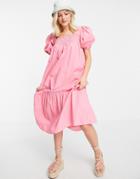 Influence Puff Sleeve Cotton Poplin Midi Dress In Pink