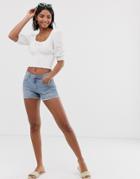 Pieces Frayed Hem Denim Shorts - Blue