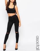 Asos Tall Rivington High Waist Denim Jegging In Black With Two Ripped Knees - Clean Black