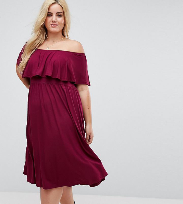 Asos Curve Ruffle Bardot Midi Skater Dress - Red