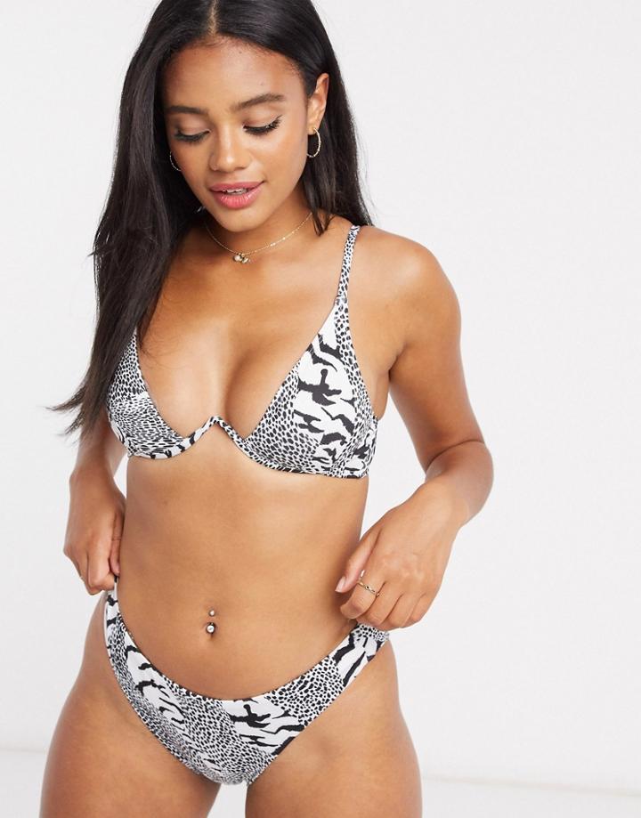 Asos Design V Front High Leg Bikini Bottom In Mono Animal-multi