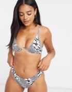 Asos Design V Front High Leg Bikini Bottom In Mono Animal-multi