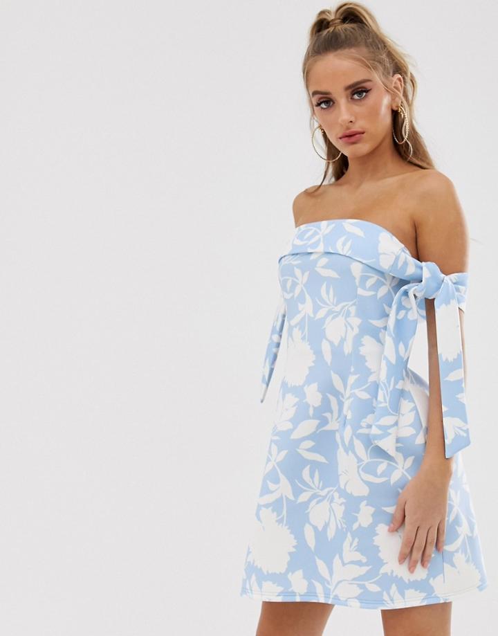Asos Design Tie Sleeve Floral Mini Skater Dress - Multi