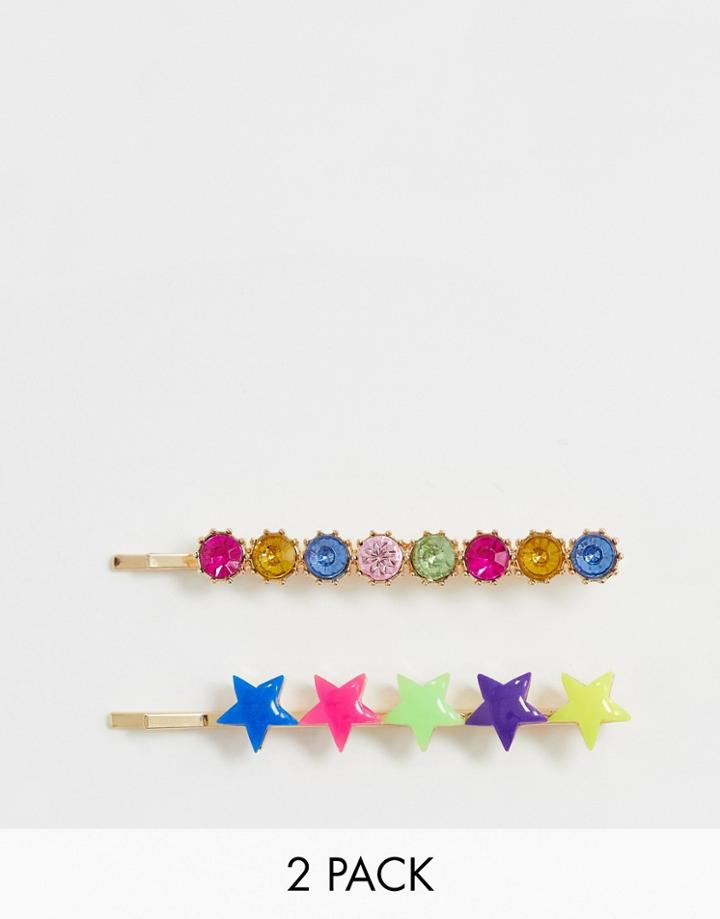 Asos Design Pack Of 2 Hair Clips In Multicolor Star And Jewel Design - Gold
