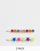 Asos Design Pack Of 2 Hair Clips In Multicolor Star And Jewel Design - Gold