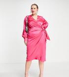 Never Fully Dressed Plus Satin Wrap Midi Dress In Fuchsia Pink