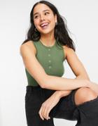 Asos Design Sleveless Knit Tank With Button Placket In Khaki-green
