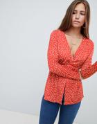 Asos Design Spot Plunge V Neck With Pep Hem-orange